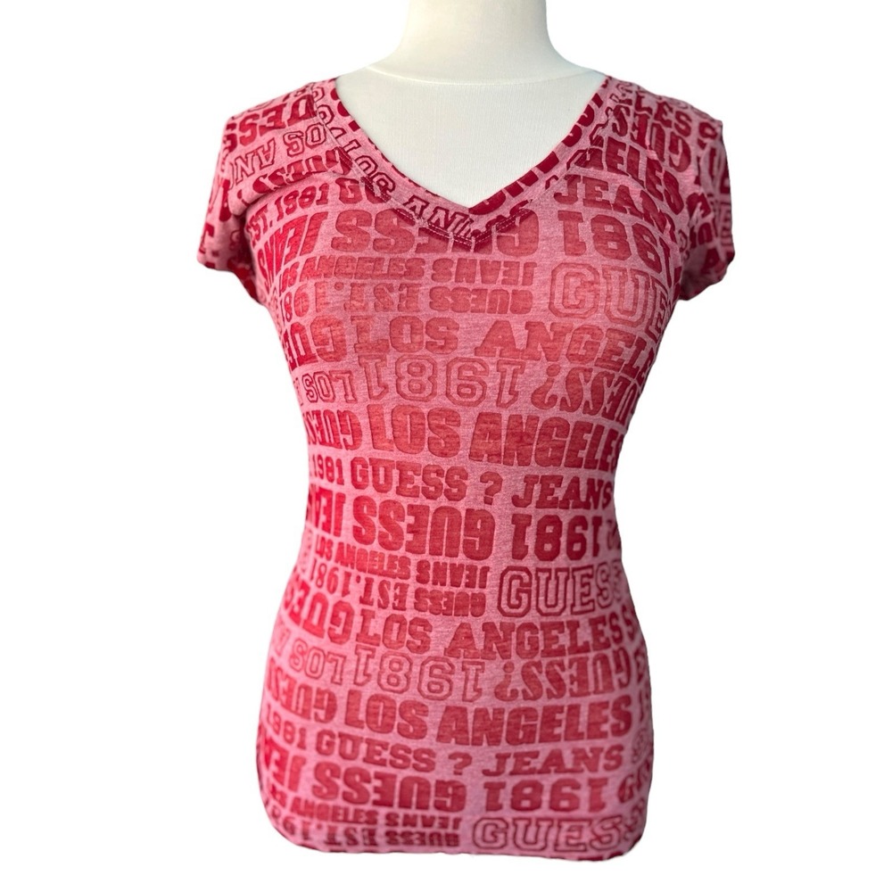 Vtg Y2K Guess Logocentric‎ Ruched V Neck Red T Shirt Size Small Hip Hop Pop Core